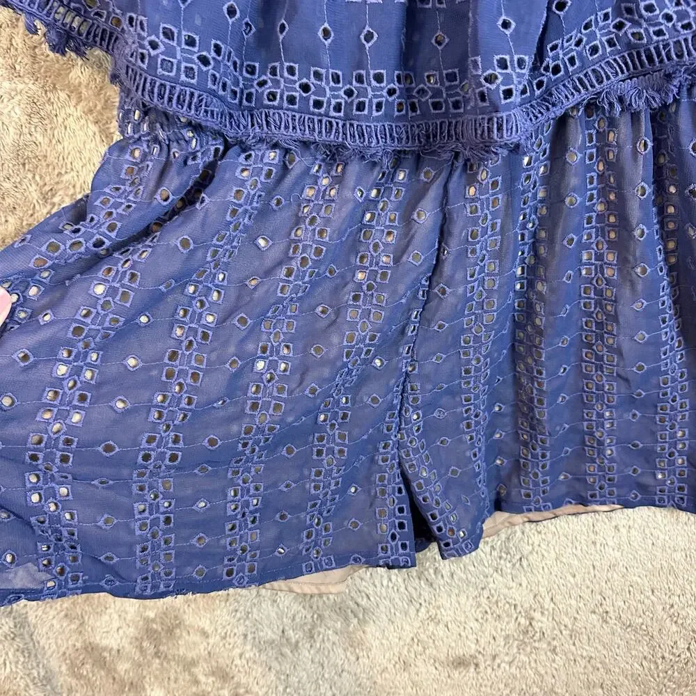 Anthropologie Ranna Gill Tiered Eyelet Off Shoulder Ruffle Romper L Large Blue